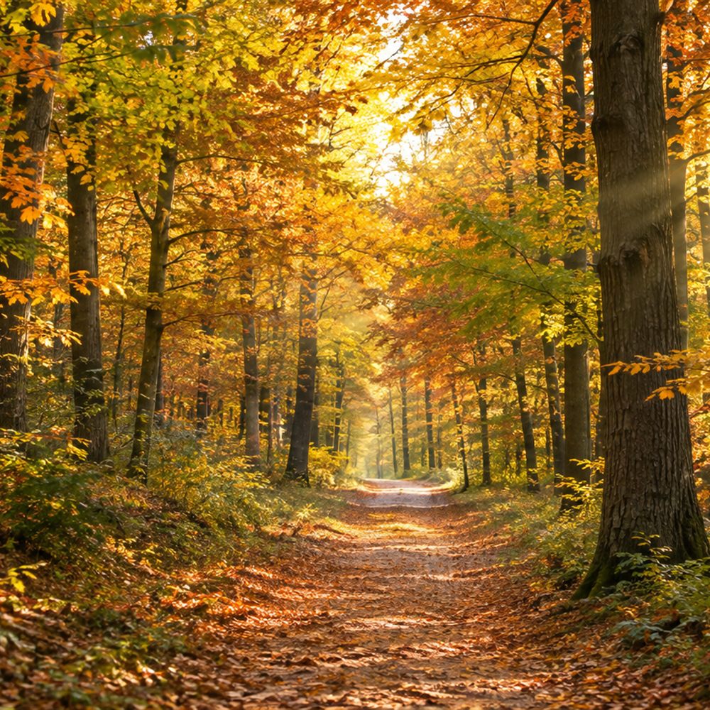 Laubbedeckter Waldweg im goldenen Herbstlicht
