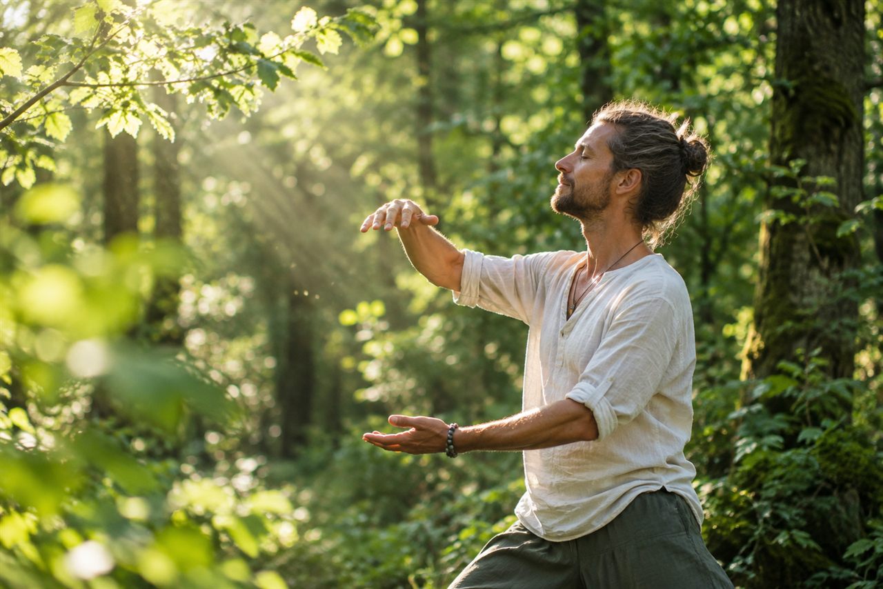 Langsame Bewegungsuebungen im Wald, angelehnt an Tai Chi