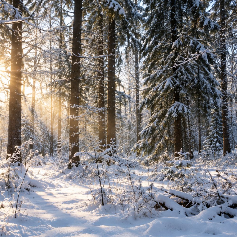 Verschneiter Wald mit tiefstehender Wintersonne